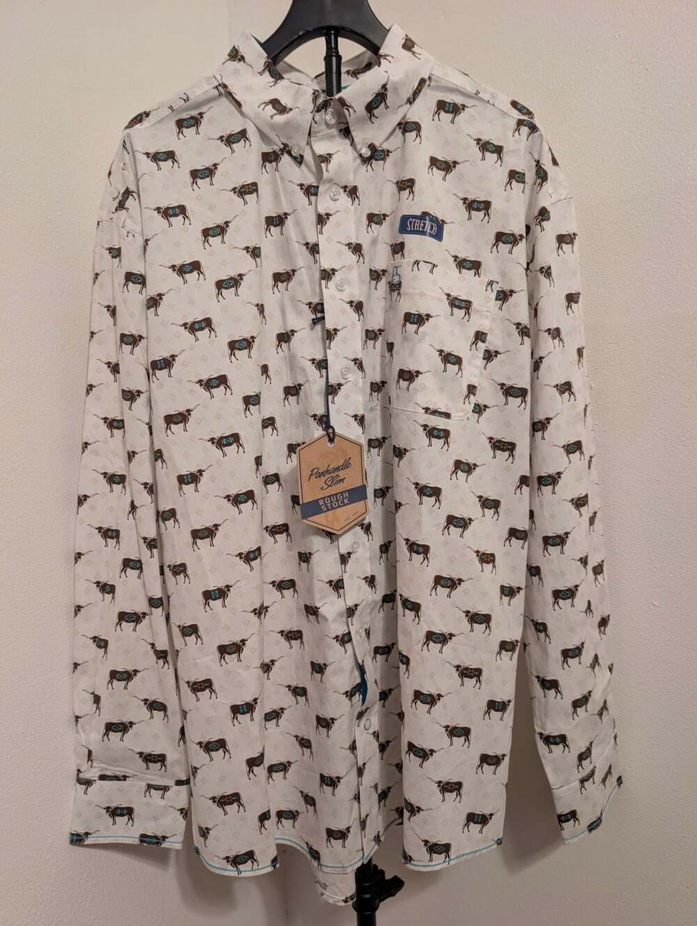Panhandle Slim Rough Stock Longhorn Bull Geo Print Long Sleeve Western Shirt